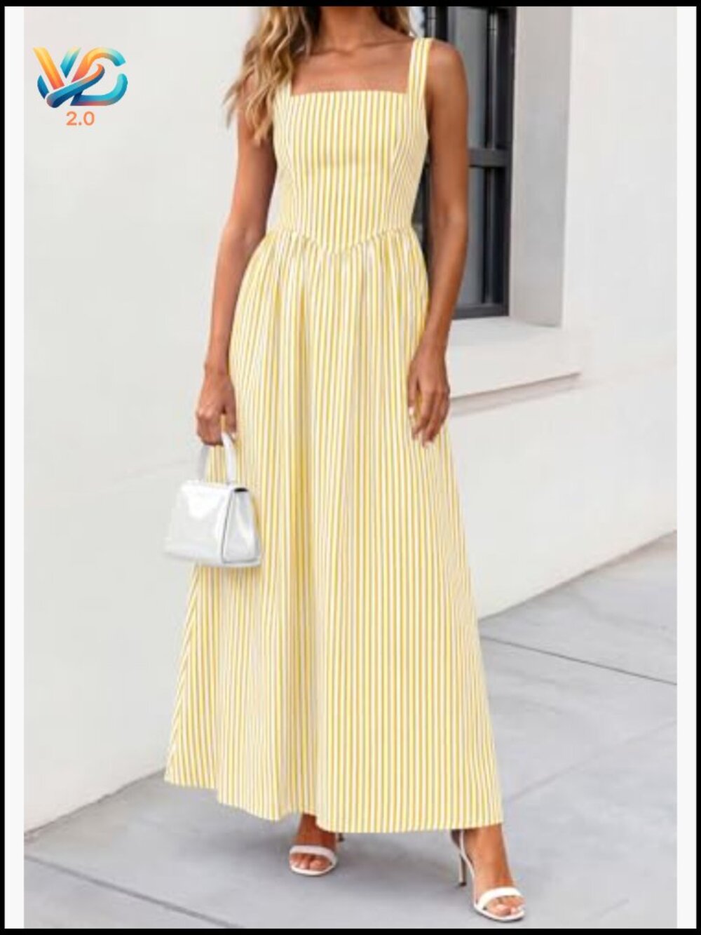Women's Striped Maxi Dress Fit & Flare Square Neck Sleeveless Summer Sundress - Picture 6 of 7